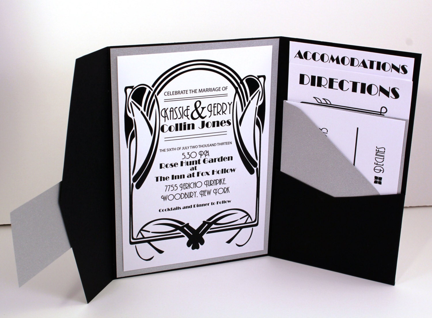 Vintage Glam 1930's Gatsby Inspired Art Deco Old Hollywood Pocketfold Wedding Invitation in Black and Silver