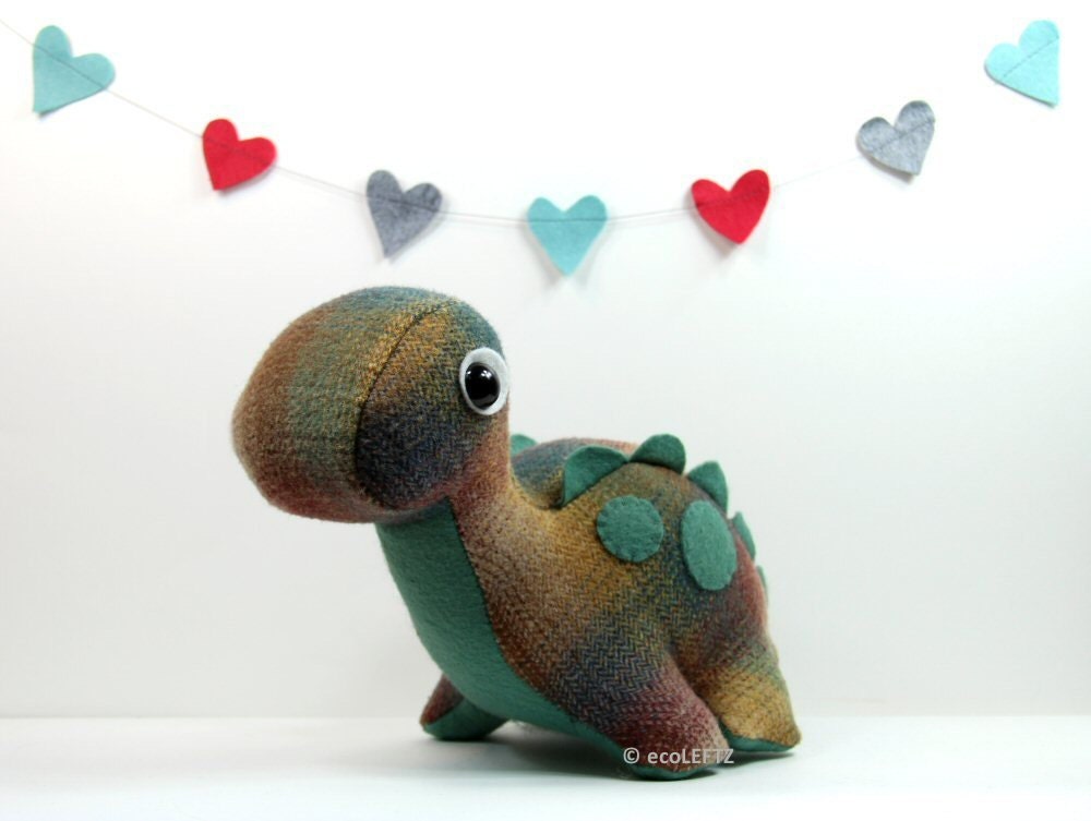 Eco Plush Brontosaurus Dinosaur in Pastel Plaid Wool with Jade Spotted Accents - Handmade with Upcycled, Recycled, & Eco Friendly Materials