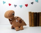 Eco Plush Brontosaurus Dinosaur in Caramel Wool with Brown Spotted Accents - Handmade with Upcycled, Recycled, & Eco Friendly Materials
