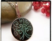 ON SALE 048 Etched Enamel Glass Green and Black Tree of Life Pendant with Copper Swivel Bail no Chain