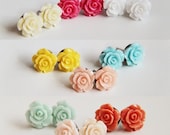SALE-9 Pairs-White. Ivory Cream. Med Pink. Peach. Sunshine Yellow. Lt Blue. Lt Peach. Mint Green. Orange. Acrylic Resin Rose Ear Studs Post