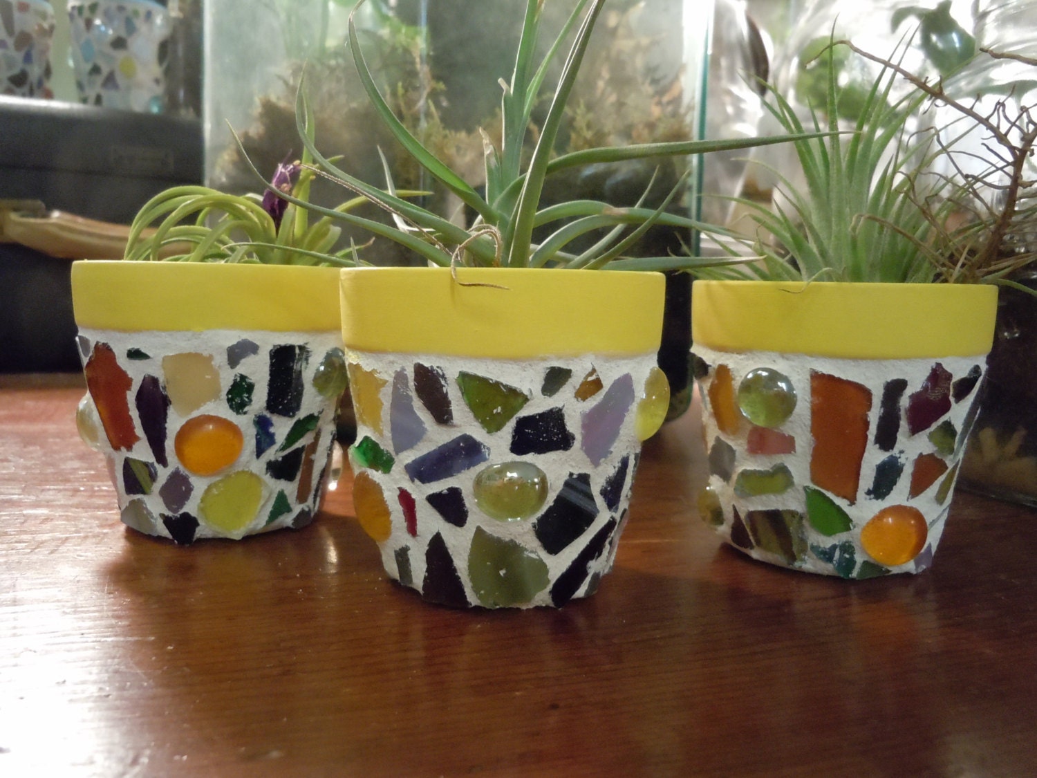 Set of three small mosaic planters in yellow OOAK