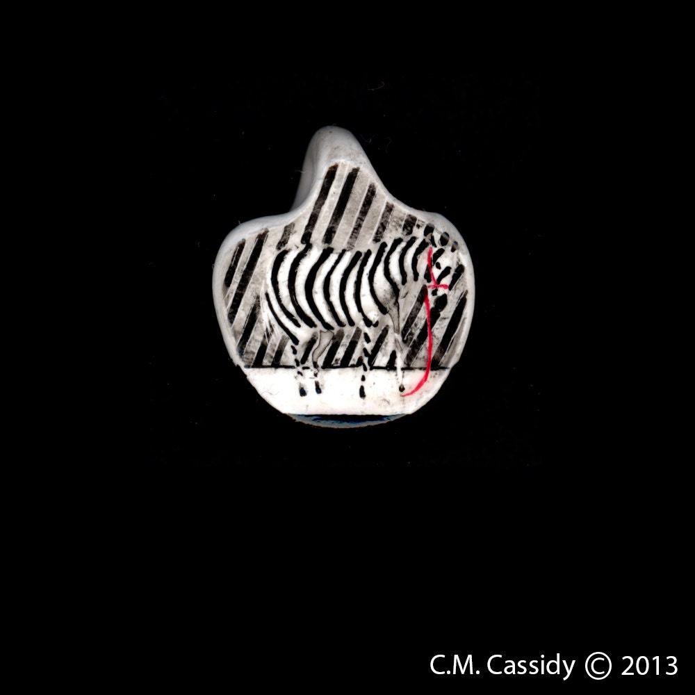 A Possible Zebra Small Pendant. Black White Stripes Horse or Pony Original Ink Drawing on Polymer Clay 2981
