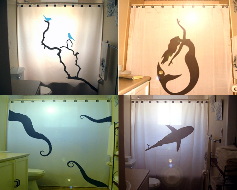 Blue Birds Mermaid Octopus Tentacles Shark Shower Curtain bathroom decor bath kids unique custom