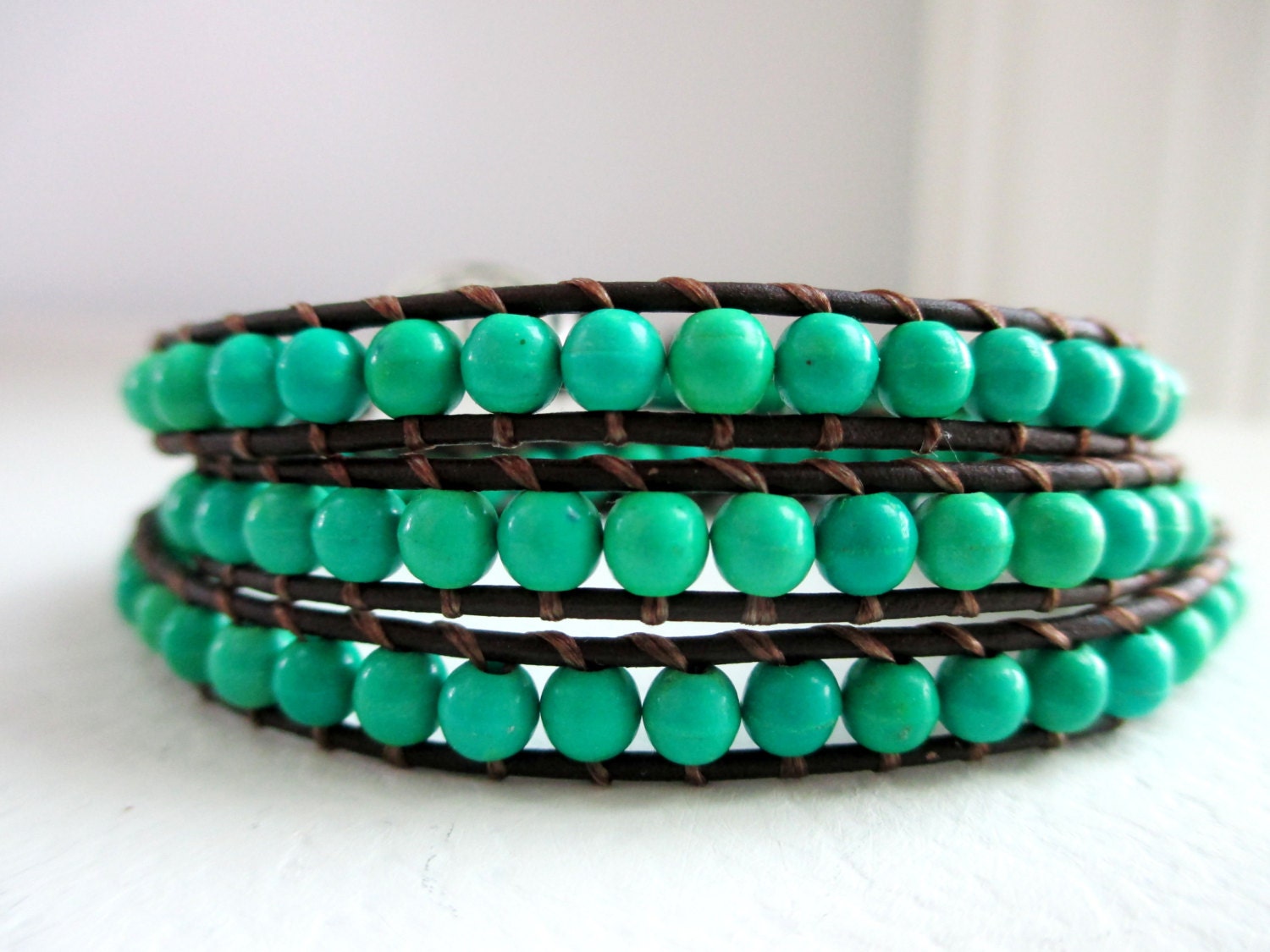 Kelly Green Beaded Wrap Bracelet - Gemstone and Leather Triple Wrap Bracelet Chan Luu Style