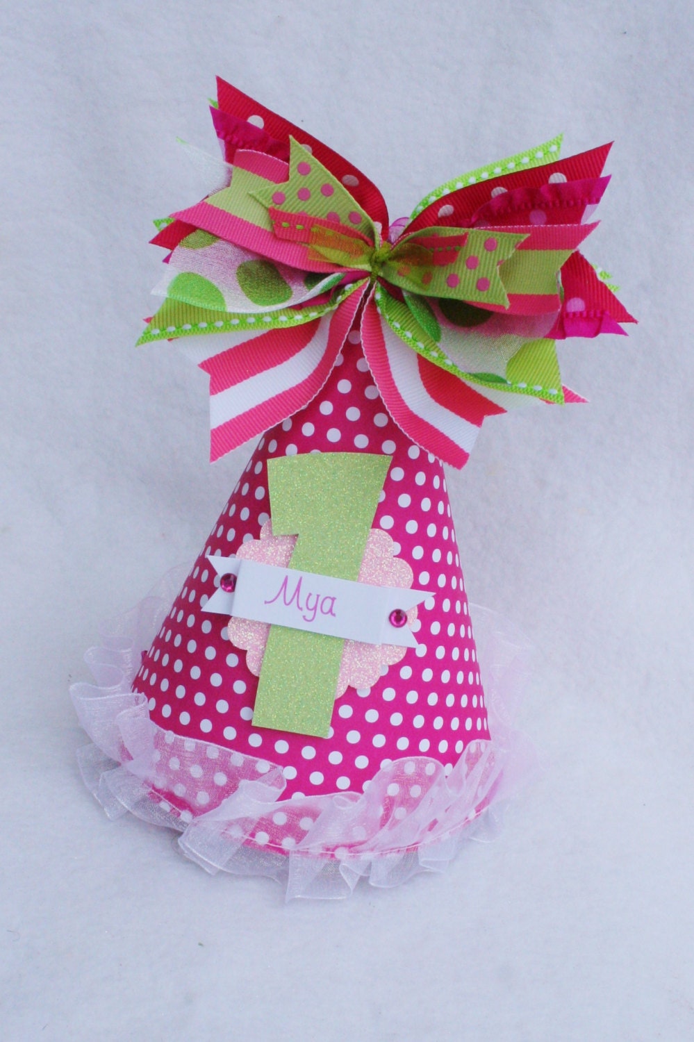 Hot Pink and Lime Green Birthday Party Hat with Polka Dots
