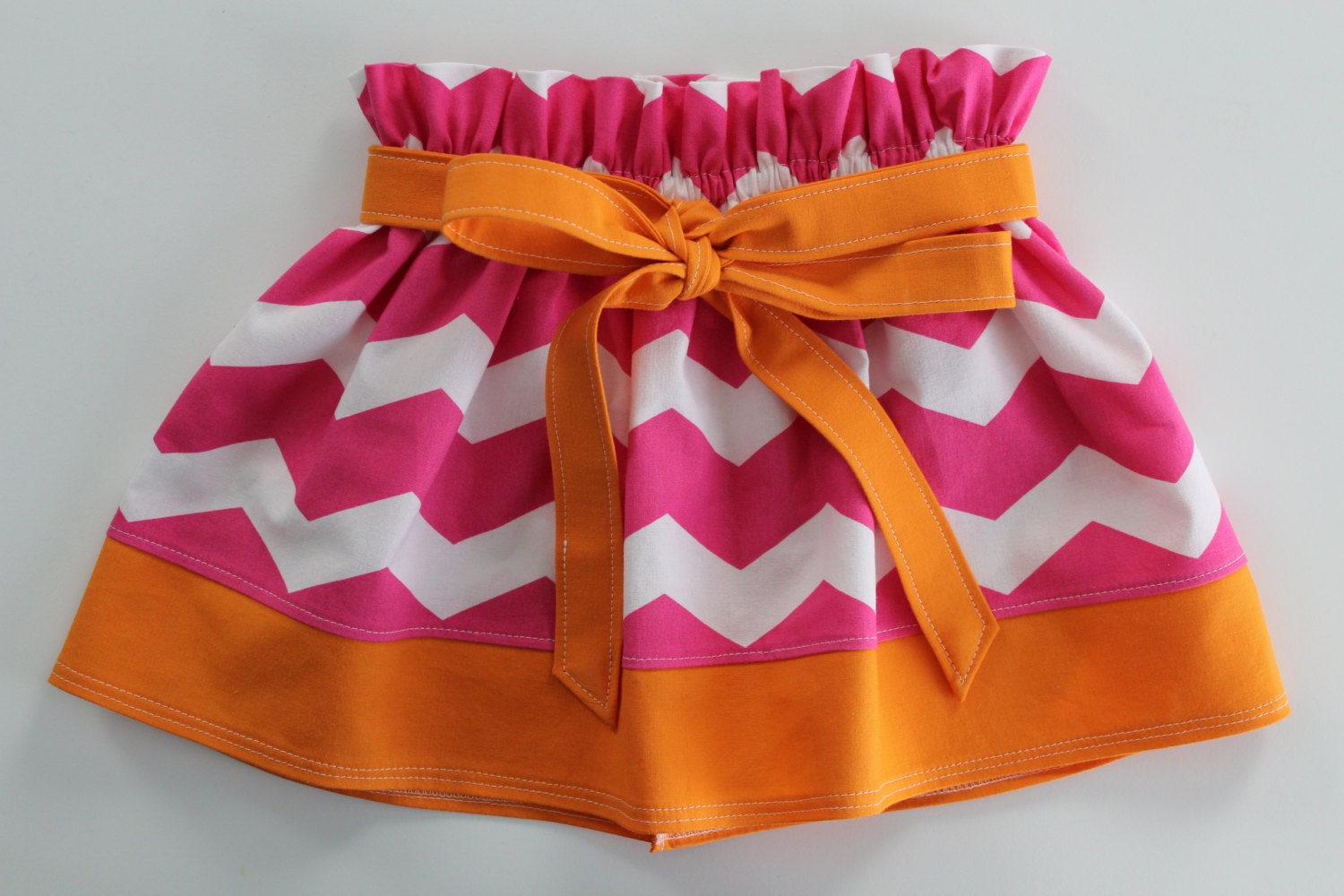 Little Girl Paper Bag Skirt- Pink Chevron- Orange hem and Ribbon- Size 18-24 Month