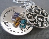 Mother's Hand Stamped Family Tree Locket - Personalized Sterling Silver Mommy Jewelry - Custom Handstamped Necklace
