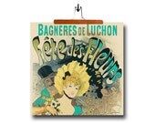 typography paris french poster fabric panel pillow linen cotton home decor supply 18x18 turquoise Bagneres-de-Luchon