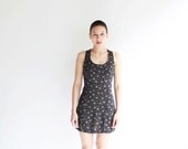 90s black dress - floral - small - cross back - rayon - summer