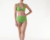 High waist swimsuit, green plaid print