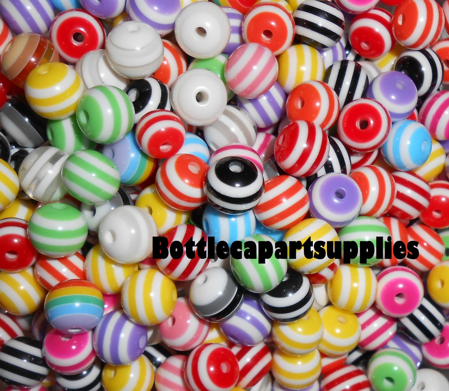 50 Pcs 10mm Round   Mixed Colors Acrylic Stripe Mix Beads for Bottle Cap Crafts Necklaces Bracelets