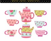 tea party digital clip art , tea party , tea cup and tea pot , shabby chic style,  INSTANT DOWNLOAD