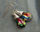 SALE Rainbow Crystal Earrings, Wire Wrapped Vitrail Medium Swarovski Crystal Baroque Pendants.  Groovy.