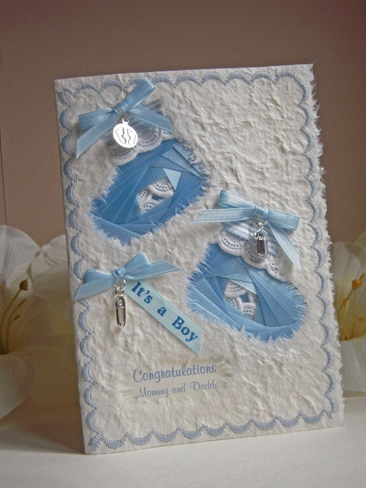 Baby Boy Congratulations Card  with  Iris folded ribbons