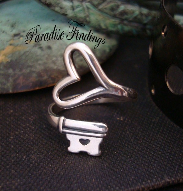 Steampunk Sale, Gothic Skeleton Key Heart Ring, Quality Sterling Silver Finish Not Nickle Silver