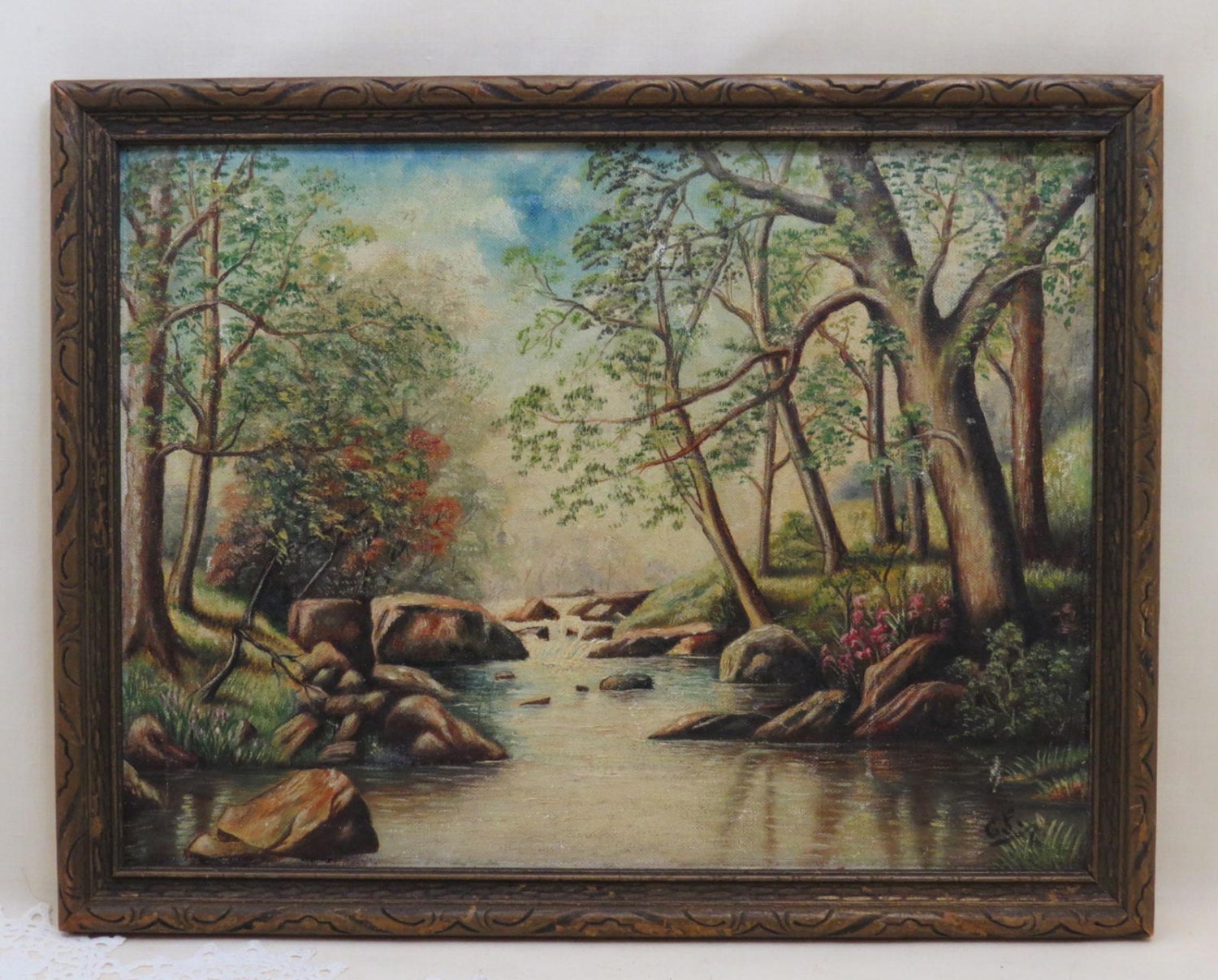 Vintage Primitive Signed Oil on Board, Forest Landscape, 9x12