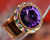 Cocktail ring. Purple. Shiny. Rhinestones. Adjustable. Repurposed. Vintage.
