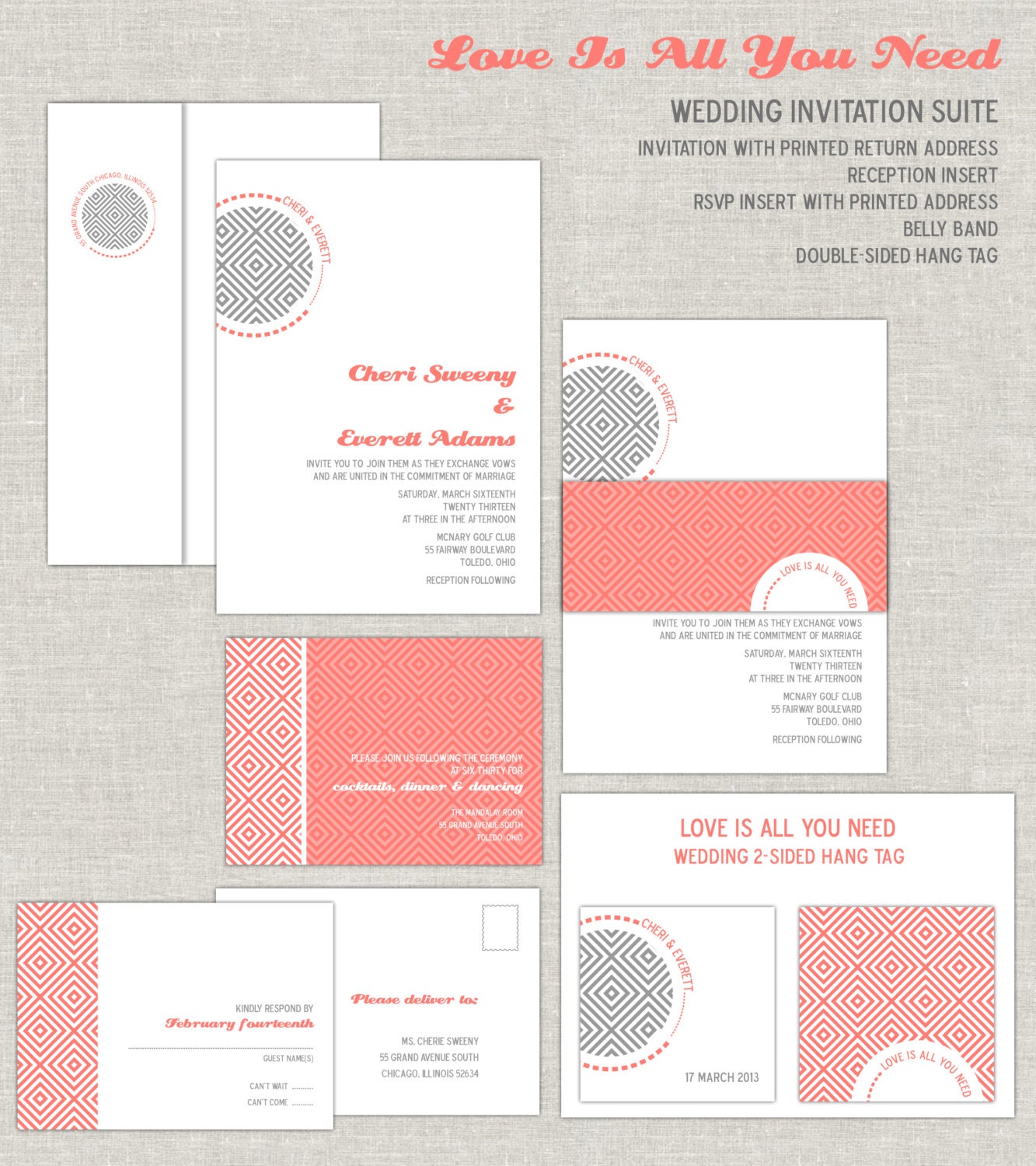 Coral Wedding Invitations, Geometrical Wedding Invitation, Gray Wedding Invites, Bold, Contemporary, Belly Band, Minimalist, Simple Il_570xn