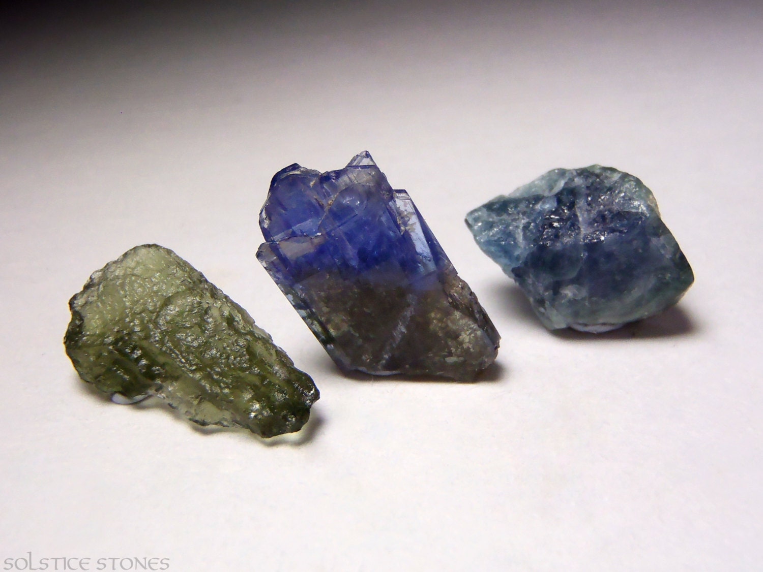 Set of 3 Rare Third Eye Crystals. Moldavite, Tanzanite, and Blue Indicolite Tourmaline. Crystal Healing / Mineral Specimens.