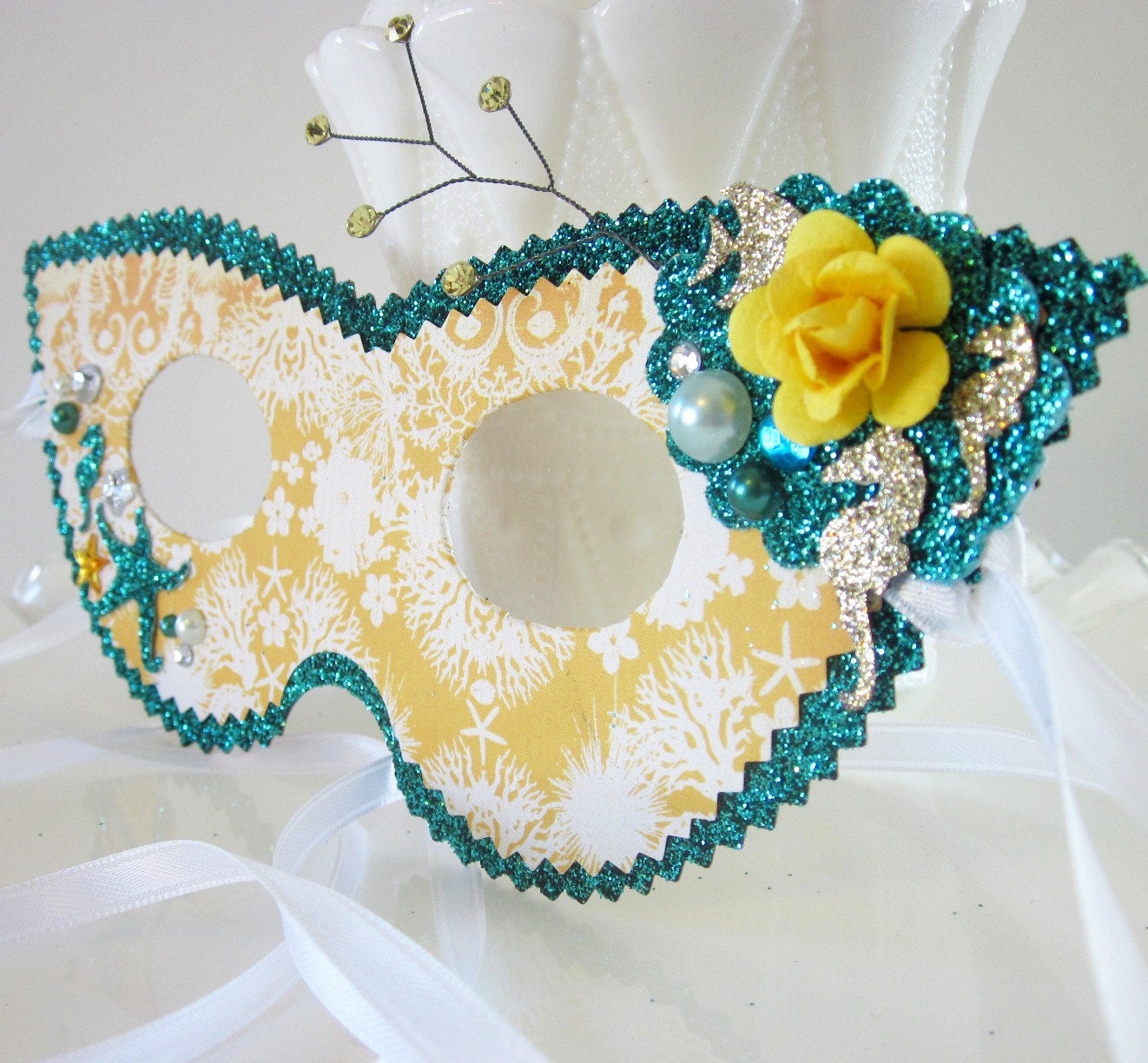 Yellow Gold and Dark Teal Blue Green Mermaid Masquerade Mask