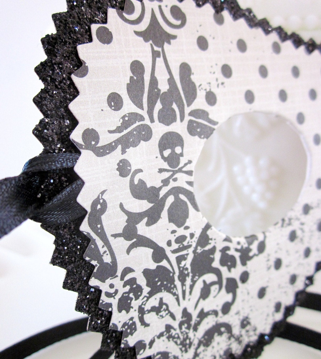 Retro Black and White Polka Dot Mask with Skull and Crossbones and a Large Flower Accent Costume