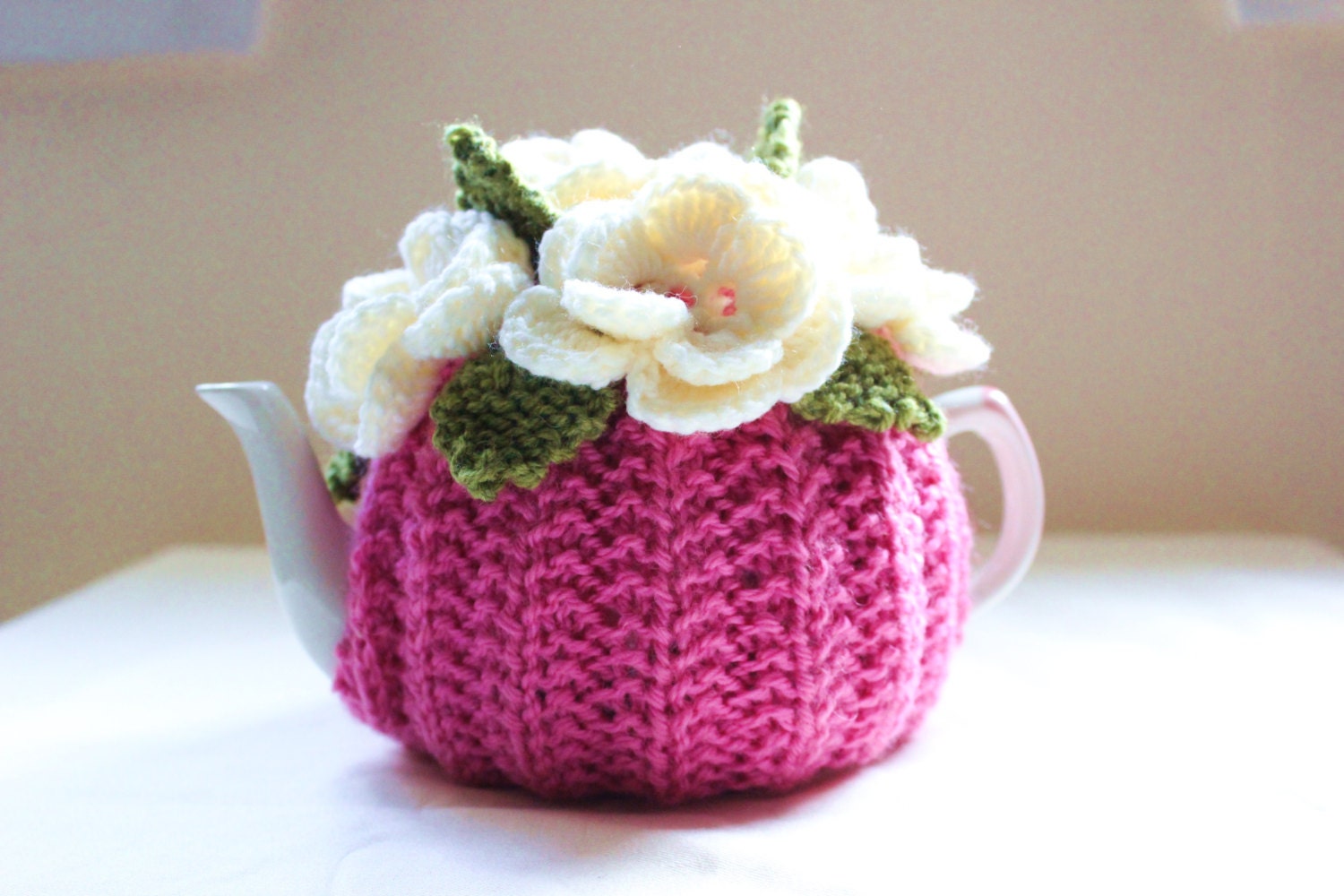 Tea for One or Two - Flower Garden Tea Cosy - in Pure Wool - Dark Pink - Size SMALL - by Tafferty Designs