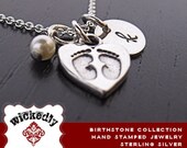 Birthstone Collection - Bella initial disc w/crystal and baby feet heart charm personalized necklace - Hand Stamped Necklace - Jewelry