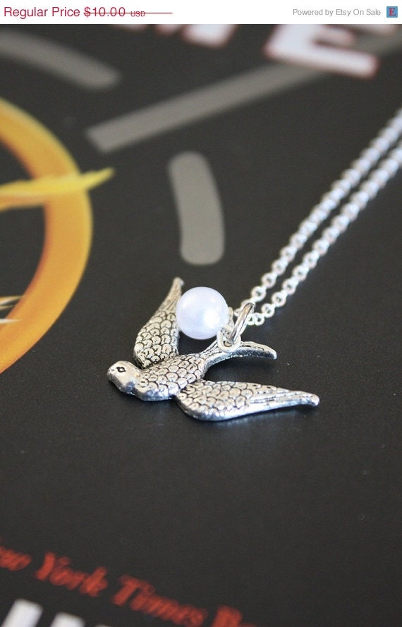 ON SALE SALE Hunger Games Necklace - Mockingjay and Pearl - Katniss and Peeta