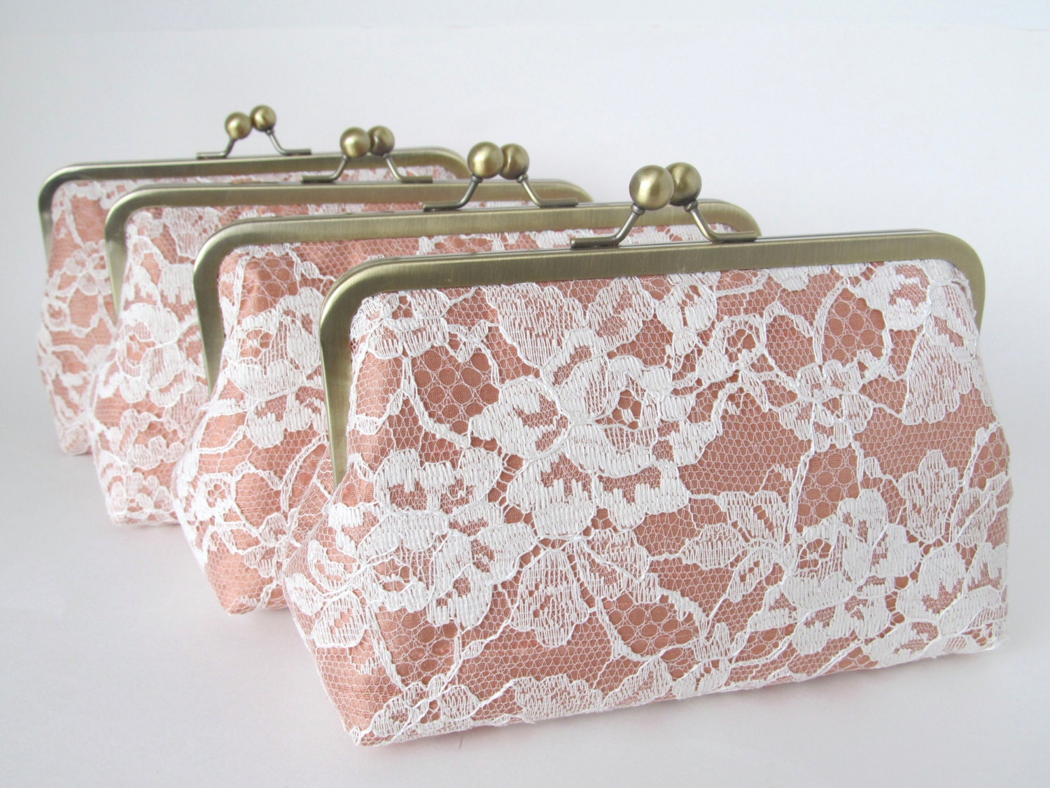 SALE  - Silk And Chantilly Lace Clutch Set Of 4-Nectarine/Ivory-Wedding Clutch-Lace Clutch-Bridal Clutch-Bags And Purses