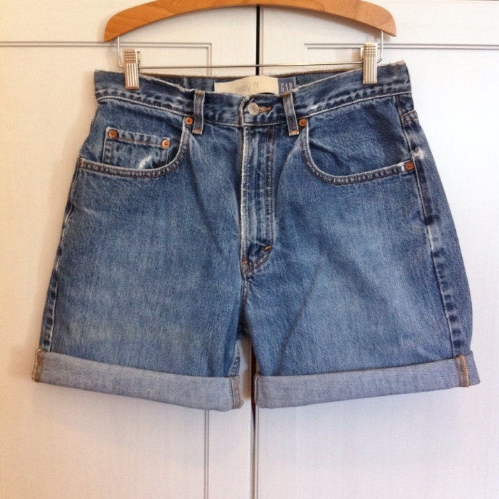 High waisted stone washed denim cut off summer camp shorts 31" waist unisex