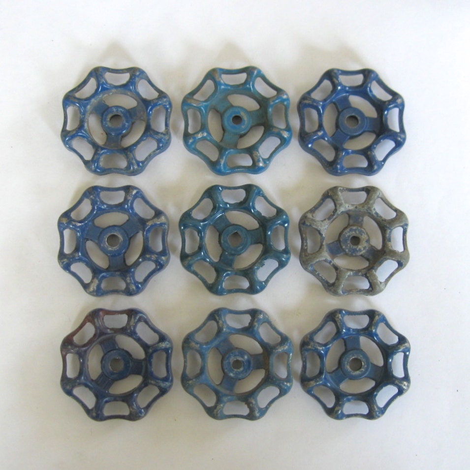 9 vintage faucet handles, blue metal, vintage faucet knobs, valve handles, 243, aluminum, spigot handles