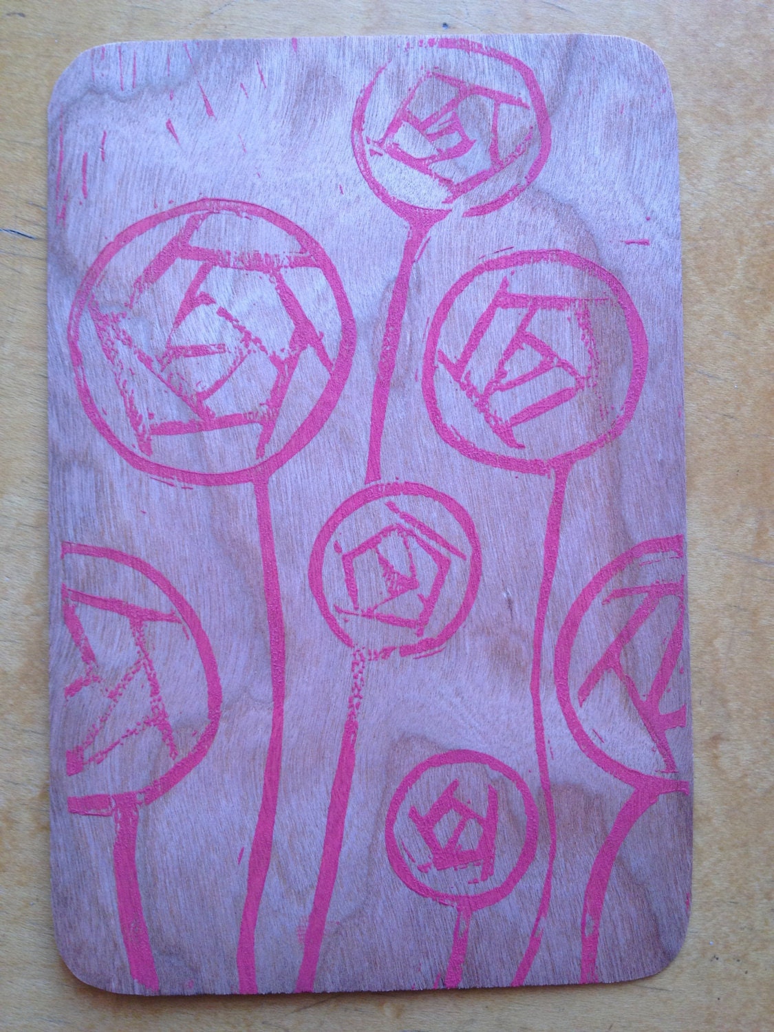 Wood Greeting Card, 'Abstract Roses' in Coral on Cherry