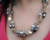 necklace grey czech glass beads, crystal, acrylic beads and 750 sterling silver buttons - jewelry fiber