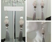 Statement Silver Tassel Earrings with Crystal Rhinestone Balls, Pearls and Silver Crystals