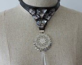 Embellished Statement Black Leather Upcycled Choker Necklace with Silver Filagree and Crystallised Drop