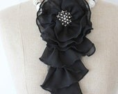 Statement BLACK Bling Ruffle Bib Necklace with Brooch, Pearls and Crystal Rhinestone Balls