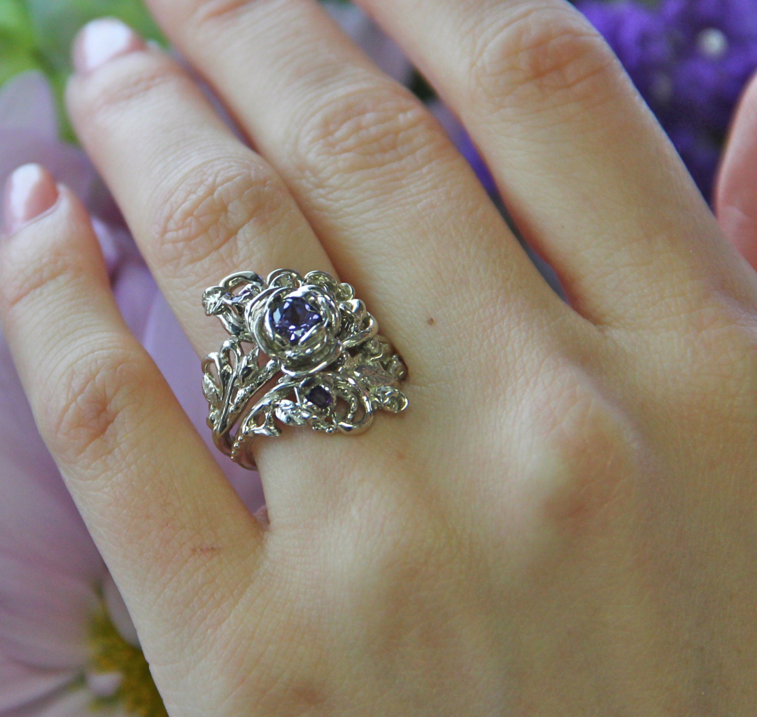 Jane's Rose Wedding Set, White gold with lavender sapphires