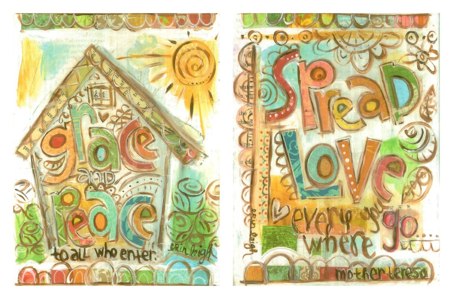 Inspirational Quotes, Set of 2, Grace and Peace, Spread Love, 8 x 10 Fine Art Prints, Mixed Media Collage