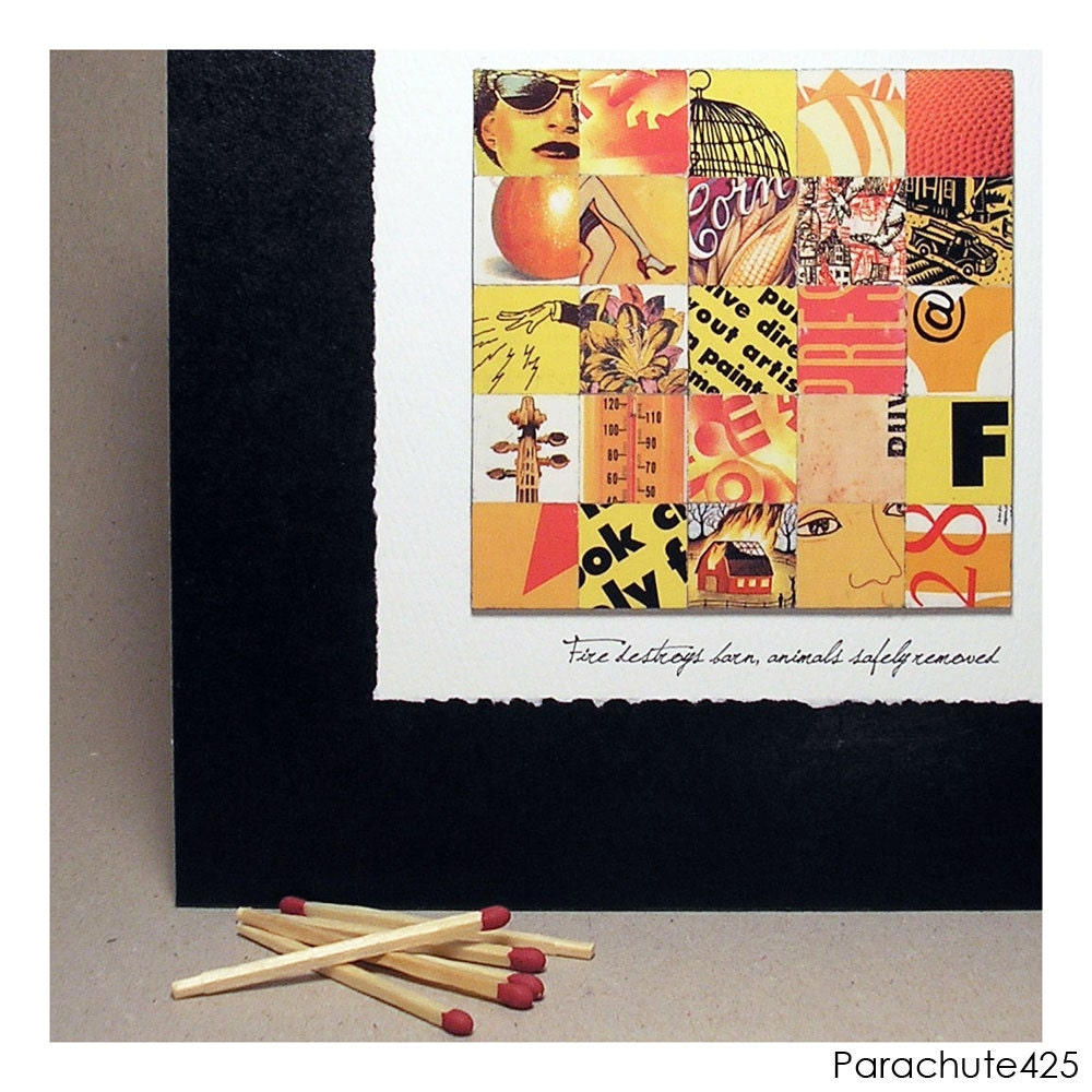 BARN ON FIRE,  Mosaic Paper Collage, ooak accent art, yellow orange red, recycled paper