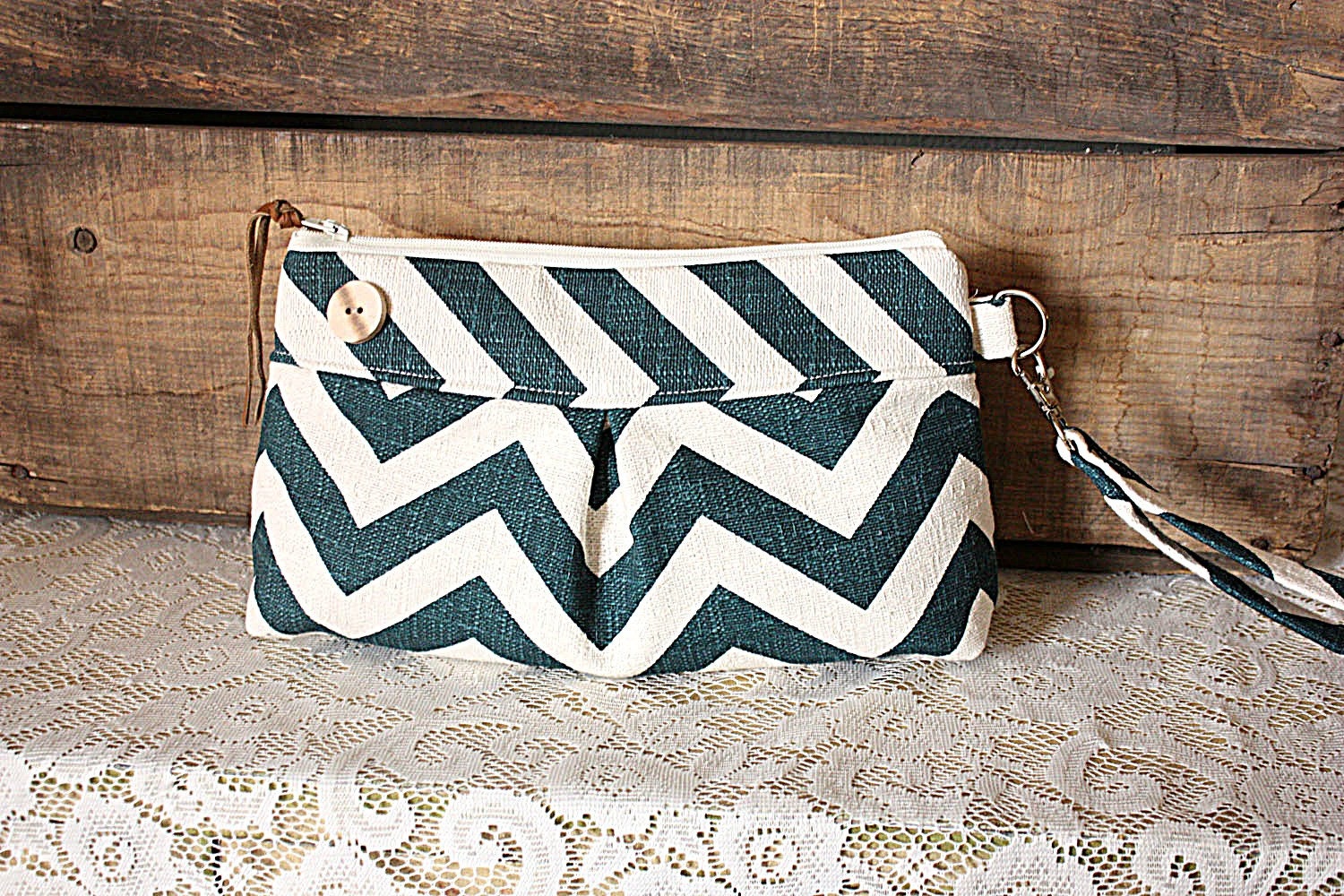 Chevron pleated Wristlet / Pouch/ Clutch in Titan Birch chevron Canvas print-- READY TO SHIP --