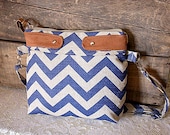 Chevron Handbag Crossover / Canvas purse / Nautical look // Peacock/ Denton stripe & faux suede-- READY TO SHIP