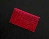 Leather Credit Card Wallet / ID Wallet / Business Card Holder / Gift Card Holder - Crocodile Embossed - Red and Black