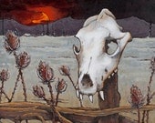 Fine Art Giclee Print - Wolf Skull wood burning & painting 12 x 12