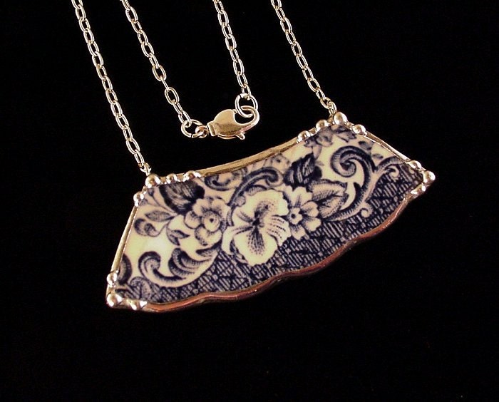 Blue Transferware Floral Toile Broken China Jewelry Necklace made from an antique broken plate