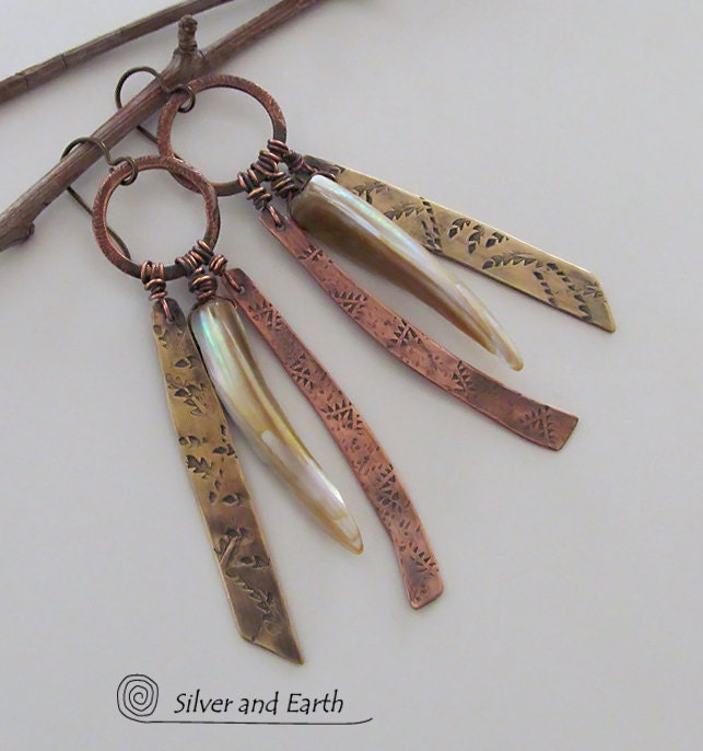 Fringe Earrings, Tribal Earrings with Textured Mixed Metal & Mother of Pearl Spikes, Rustic Boho Gypsy Earrings, Metalwork Fringe Jewelry
