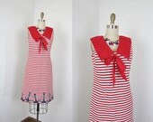 1960s Dress - Vintage 60s Sailor Nautical Novelty Print Cotton Sundress M - Anchor's Aweigh