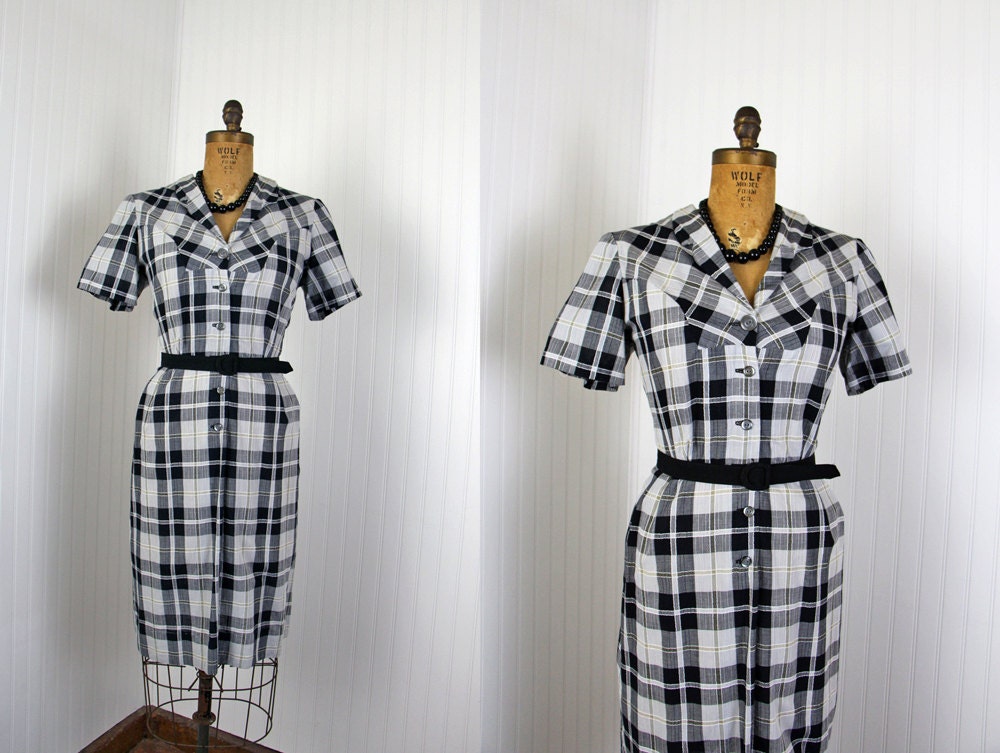 1950s Dress - Vintage 50s Dress - Black Plaid Cotton Wiggle Day L XL - An Open Letter to Summer