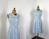 1950s Dress - Vintage 50s Dress - Aqua Purple Plaid Cotton Day Sundress - Little Miss Adele