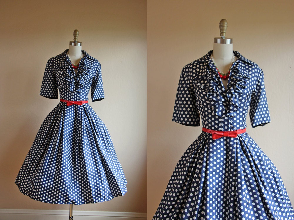 1950s Dress - Vintage 50s Dress - Navy Polka Dot Silk Full Skirt Party M L - Ocean City